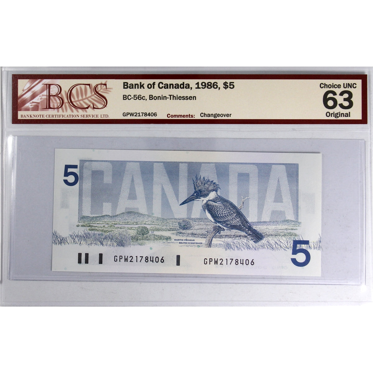 BC-56c 1986 Canada $5 Bonin-Thiessen, Changeover, GPW BCS Certified CUNC63 Original