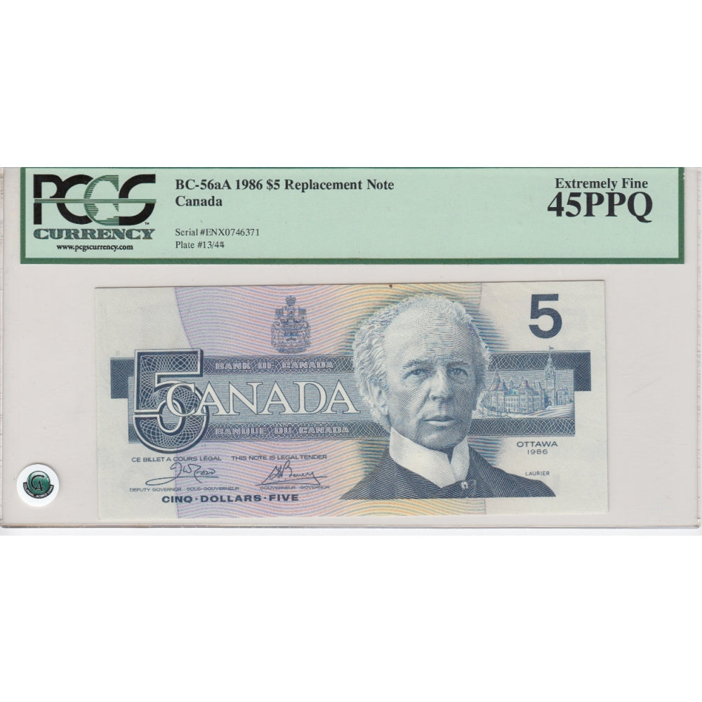 BC-56aA 1986 Canada $5 Crow Bouey, Yellow BPN, ENX PCGS Certified EF45 PPQ