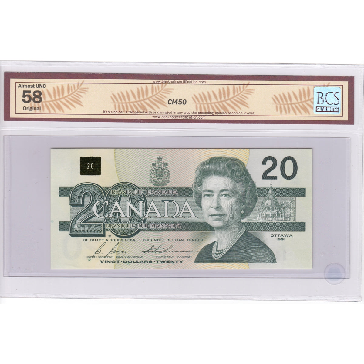BC-58b-i 1991 Canada $20 Bonin-Thiessen, Changeover, AIW, BCS Certified AU58 Original