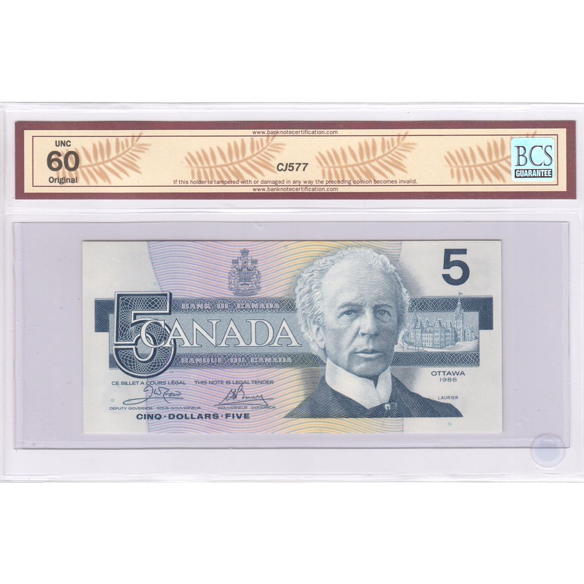 BC-56aA 1986 Canada $5 Crow-Bouey, YBPN, Replacement, ENX, BCS Cert UNC60, Original