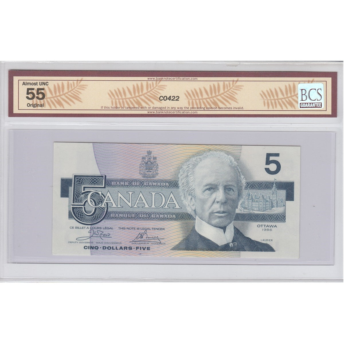 BC-56a-i 1986 Canada $5 Crow-Bouey, Changeover, EPC BCS Certified AU55 Original