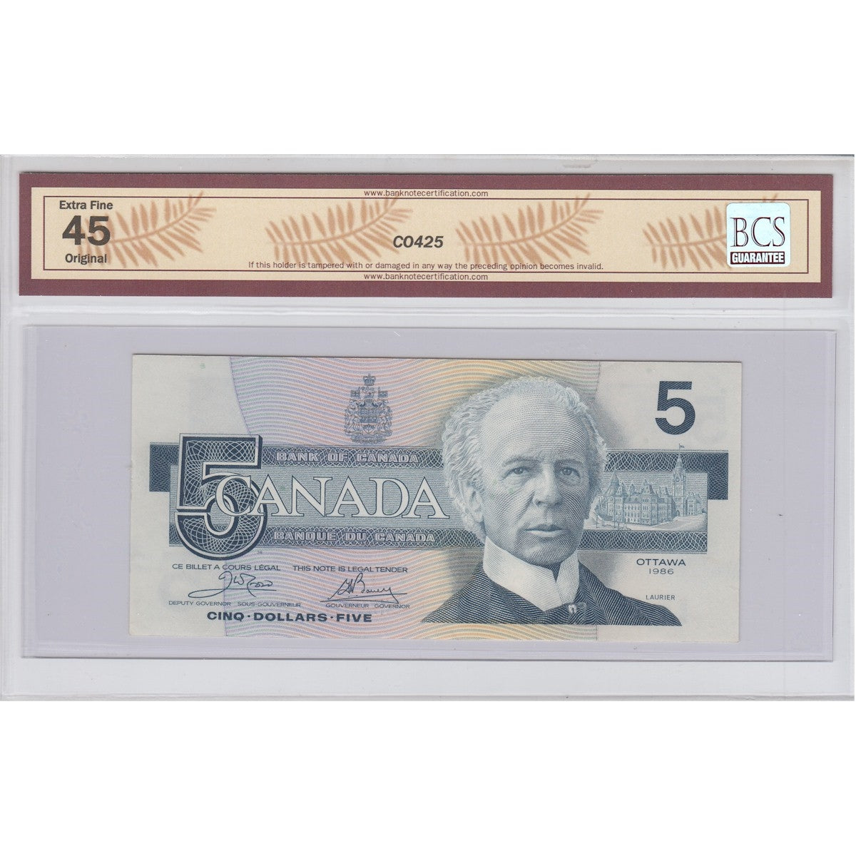 BC-56aA 1986 Canada $5 Crow-Bouey, Replacement, Yellow BPN, ENX BCS Certified EF45