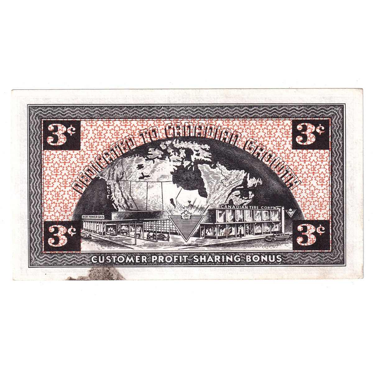 G2-C1 1962 Canadian Tire Coupon 3 Cents Almost Uncirculated (Stain)