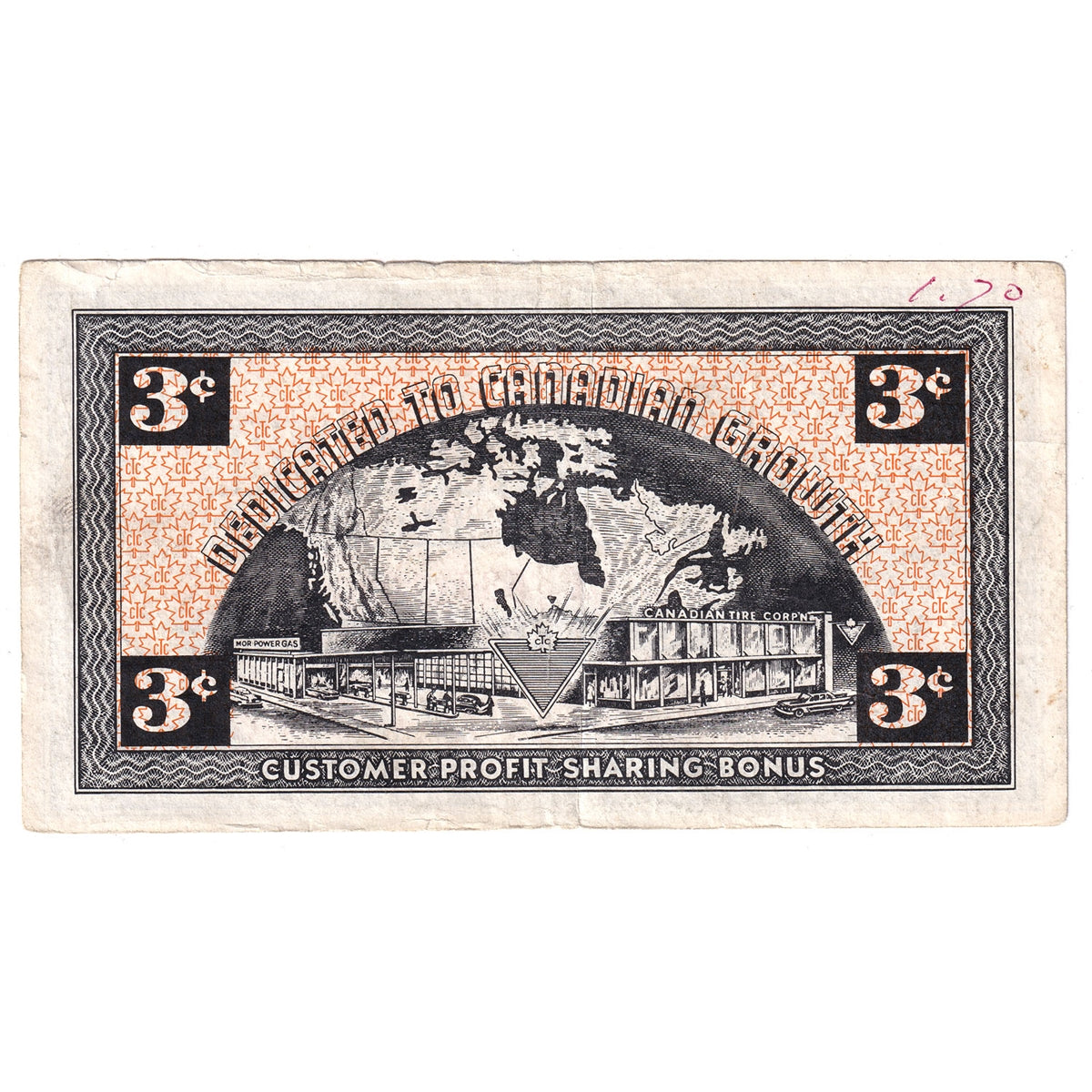 G2-C-X 1962 Canadian Tire Coupon 3 Cents VF-EF (Tear and Ink)