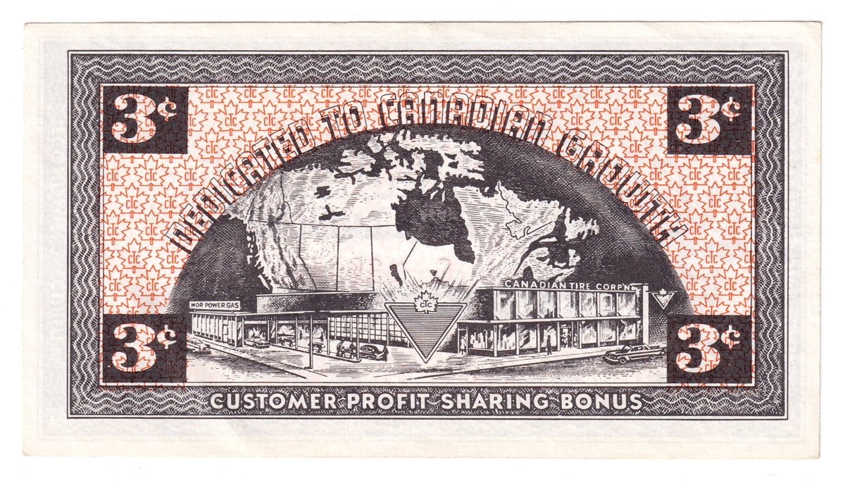G2-C-C1 Mor Power 1962 Canadian Tire Coupon 3 Cents Almost Uncirculated