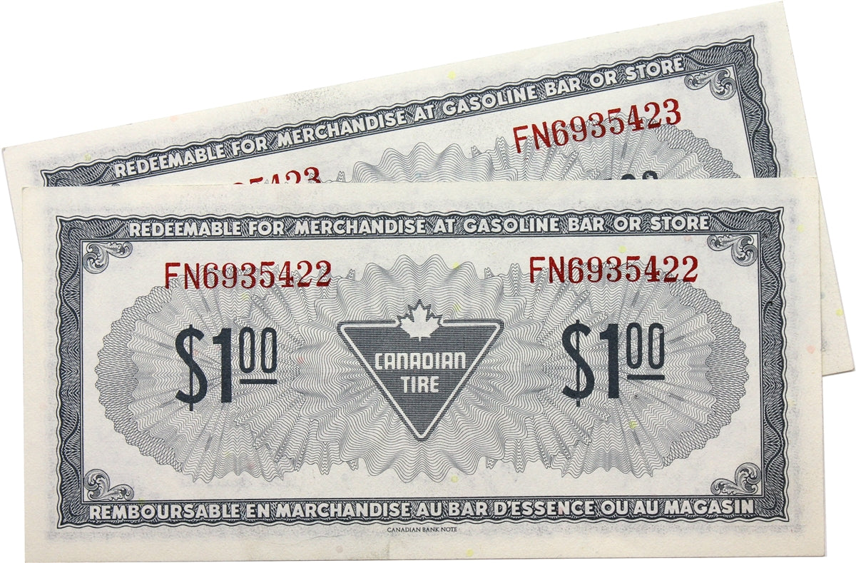 S4-F-FN 1974 Canadian Tire Coupon $1.00 Almost Uncirculated (Holes) 2 Notes