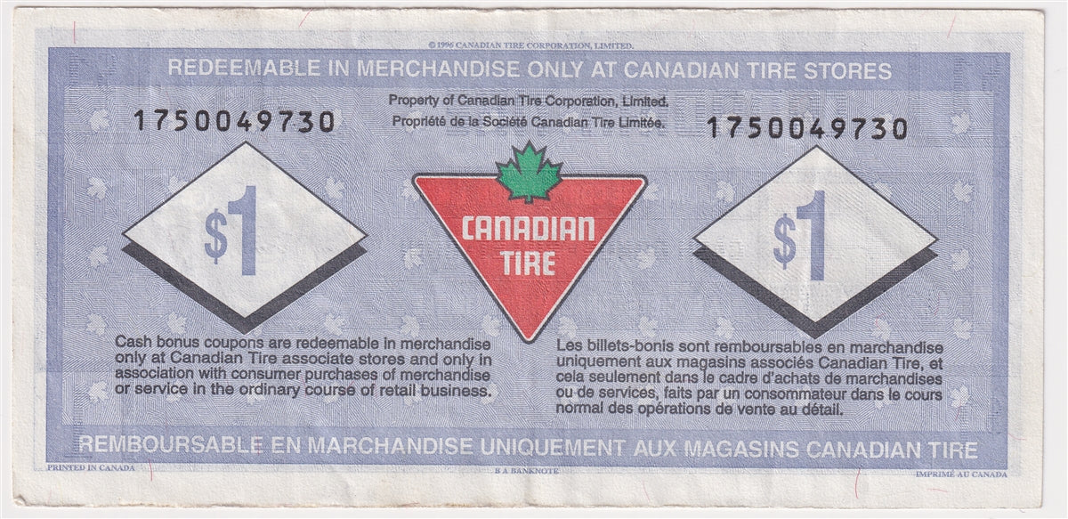 S18-Fa-175 Replacement 1996 Canadian Tire Coupon $1.00 VF-EF