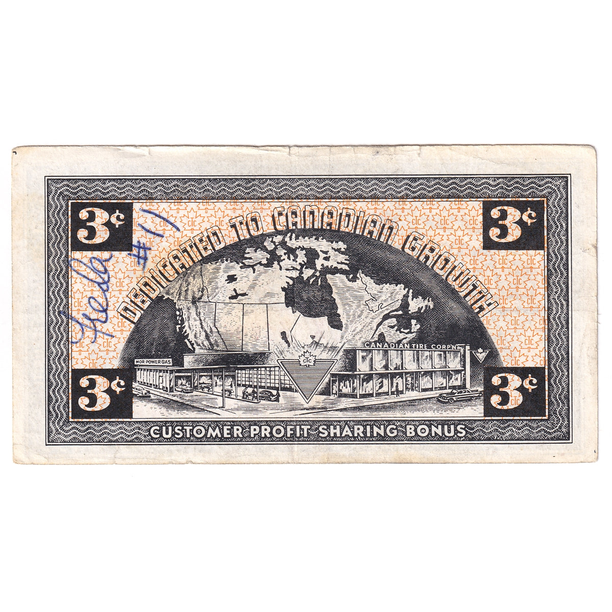 G2-C-X 1962 Canadian Tire Coupon 3 Cents Very Fine (Ink and Tears)