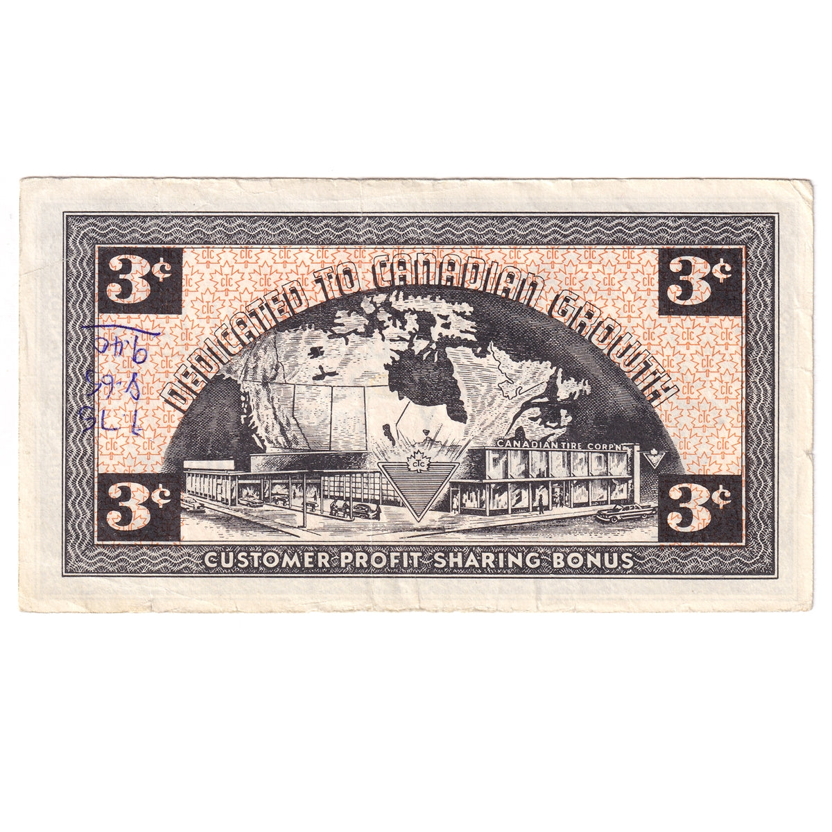 G3-C-Y No Mor Power 1962 Canadian Tire Coupon 3 Cents VF-EF (Ink)