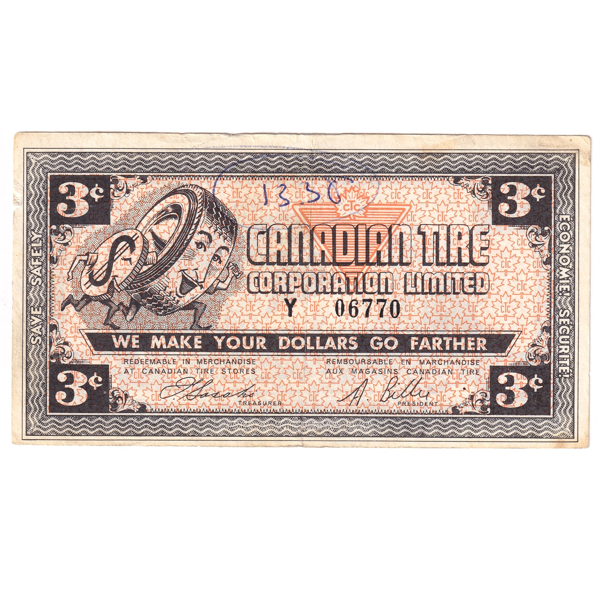 G3-C-Y No Mor Power 1962 Canadian Tire Coupon 3 Cents Very Fine (Ink and Tear)