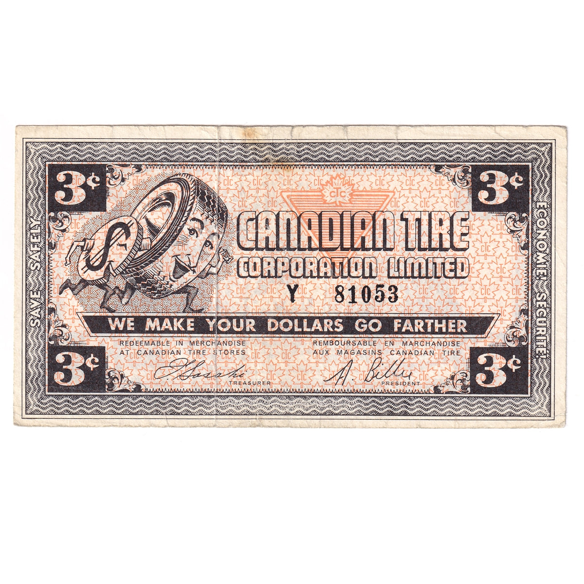 G3-C-Y No Mor Power 1962 Canadian Tire Coupon 3 Cents F-VF