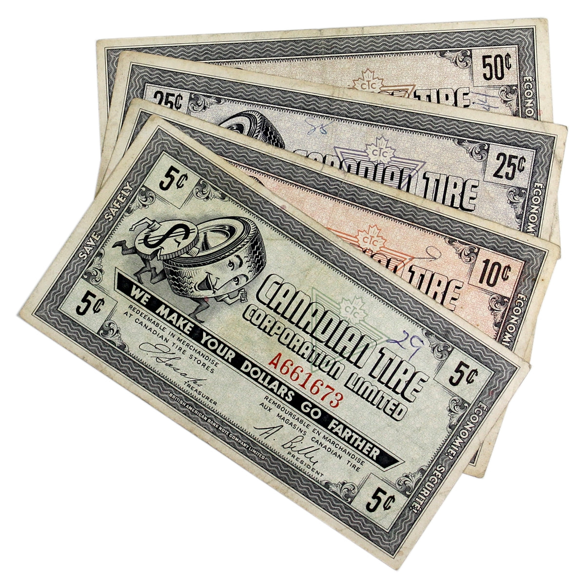 G5-A-B-C-D 1964 Canadian Tire Coupons Very Fine or better (Ink)