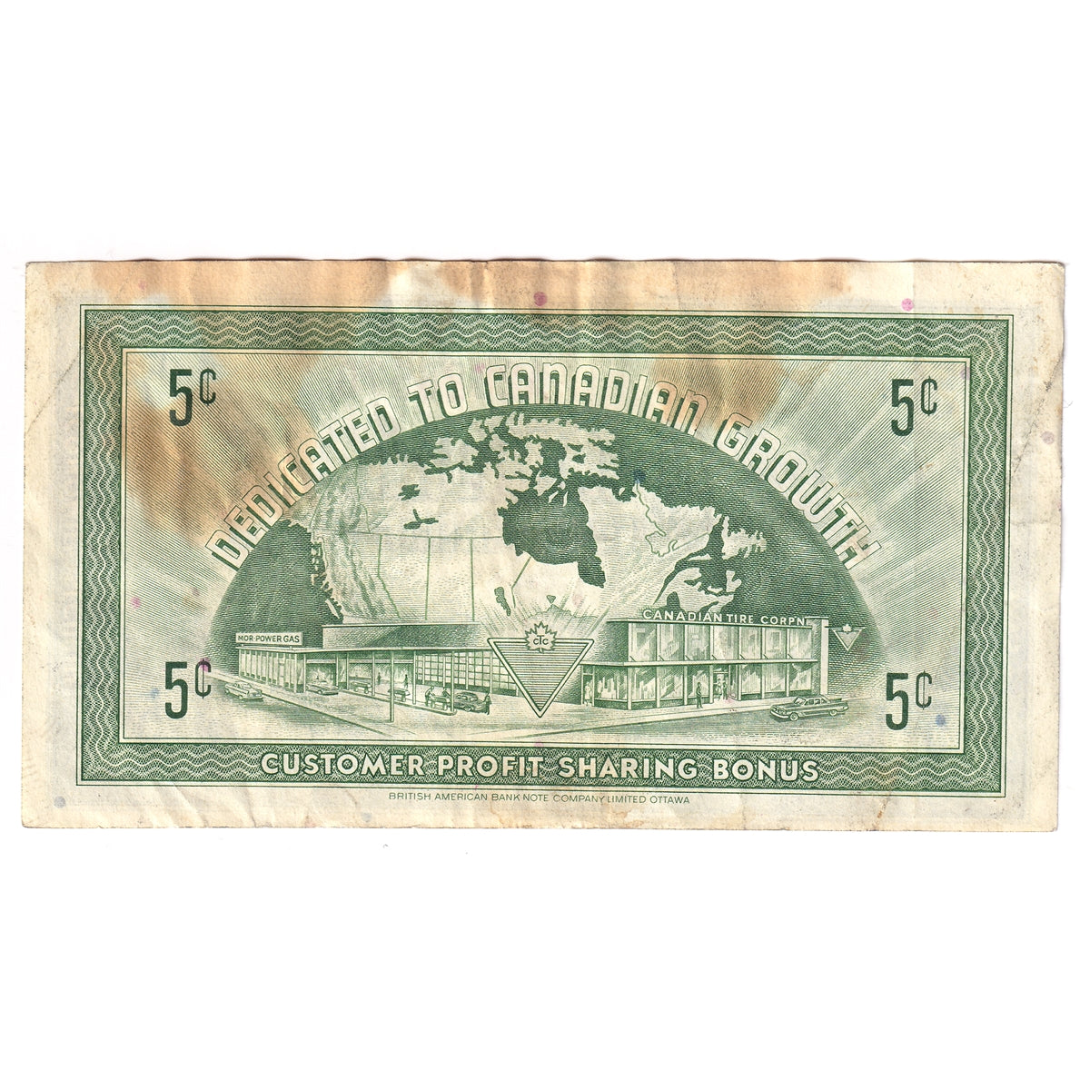 G7-A-A2 Narrow Font 1972 Canadian Tire Coupon 5 Cents Very Fine (Stains)