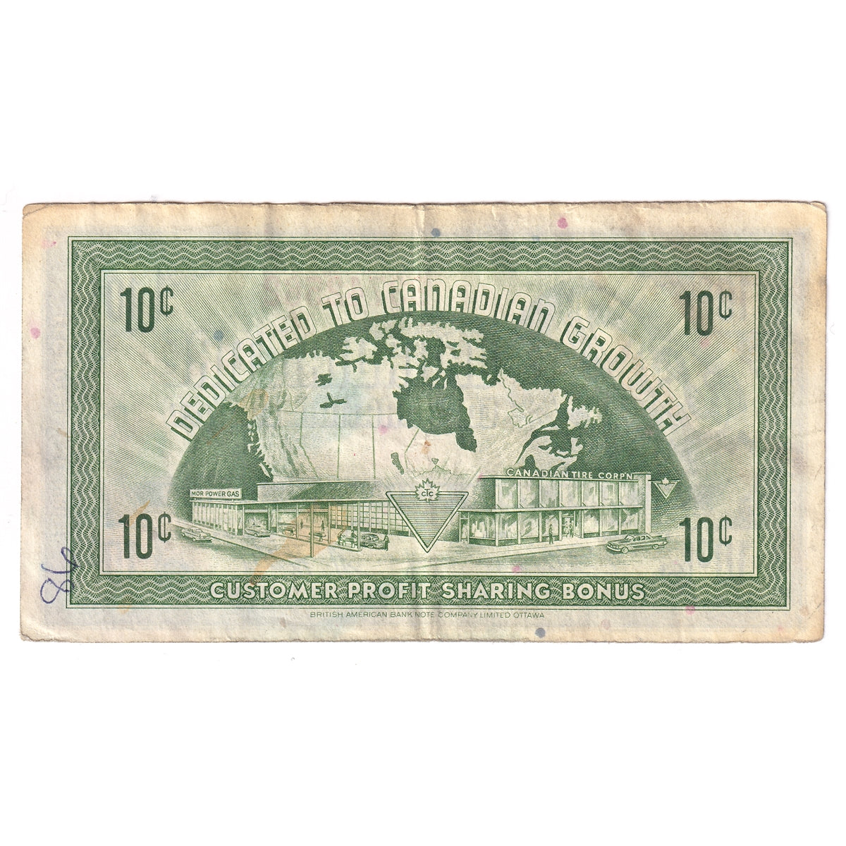 G7-B-B2 Narrow Font 1972 Canadian Tire Coupon 10 Cents F-VF (Ink)