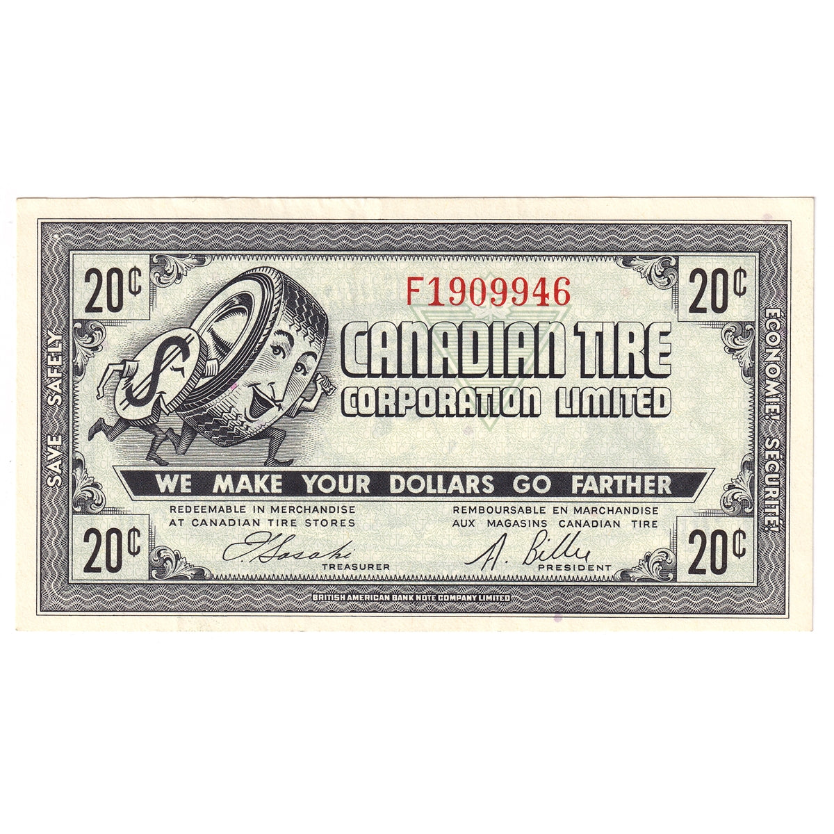G7-D-F1 1972 Canadian Tire Coupon 20 Cents Almost Uncirculated (Holes)