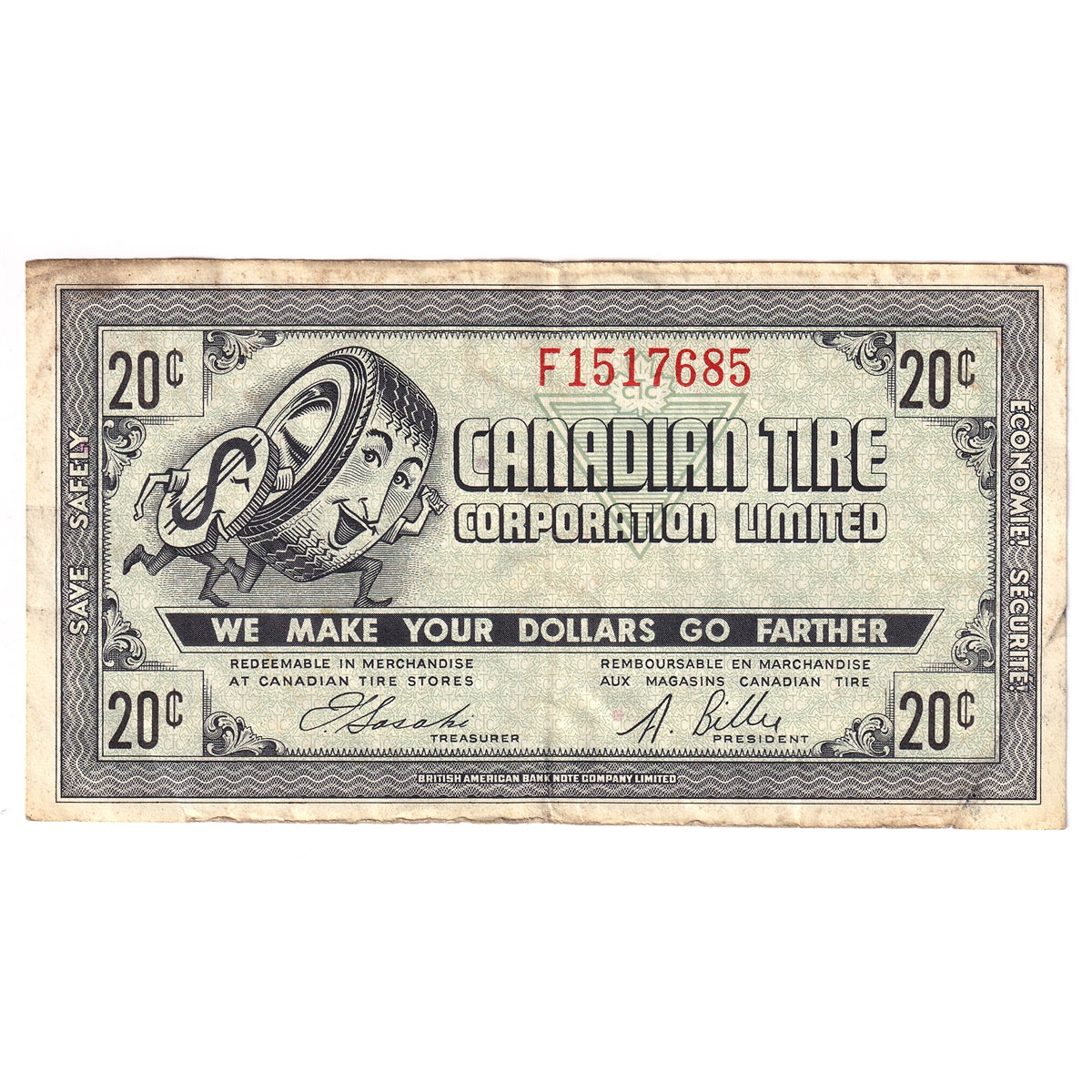 G7-D-F2 Narrow Font 1972 Canadian Tire Coupon 20 Cents Very Fine (Stain)