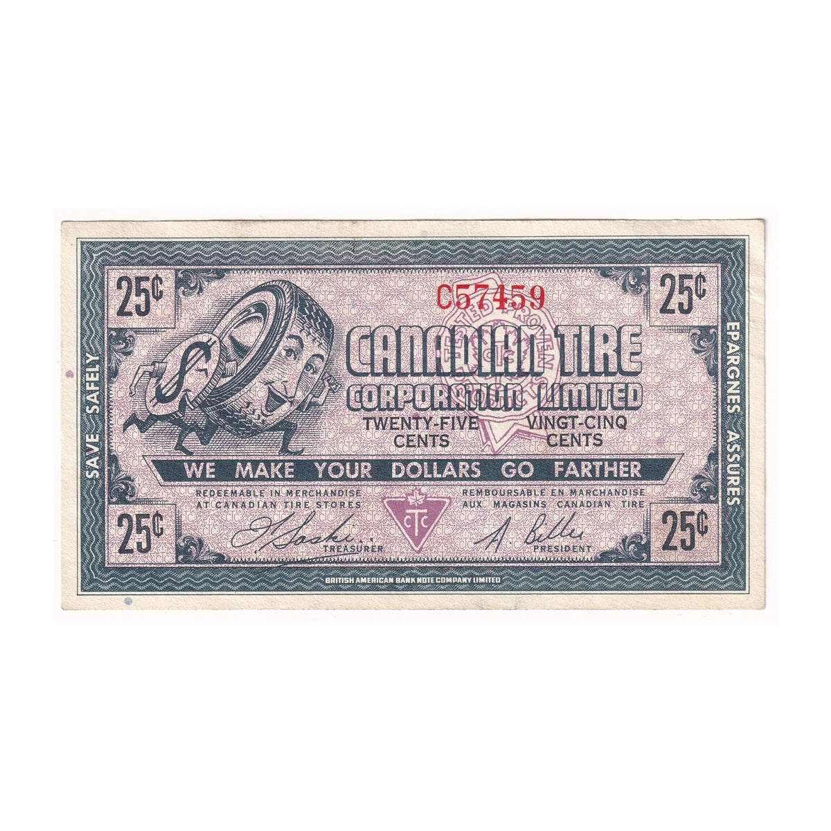 G1-C-C 1958 Canadian Tire Coupon 25 Cents Almost Uncirculated