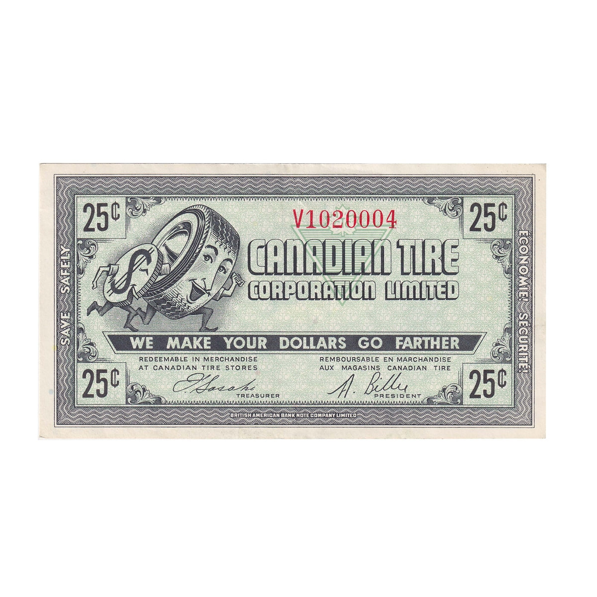 G7-E-V1 Plain V 1972 Canadian Tire Coupon 25 Cents Almost Uncirculated
