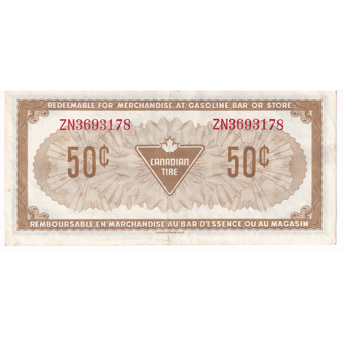 S4-E-ZN1 Red # 1974 Canadian Tire Coupon 50 Cents Extra Fine