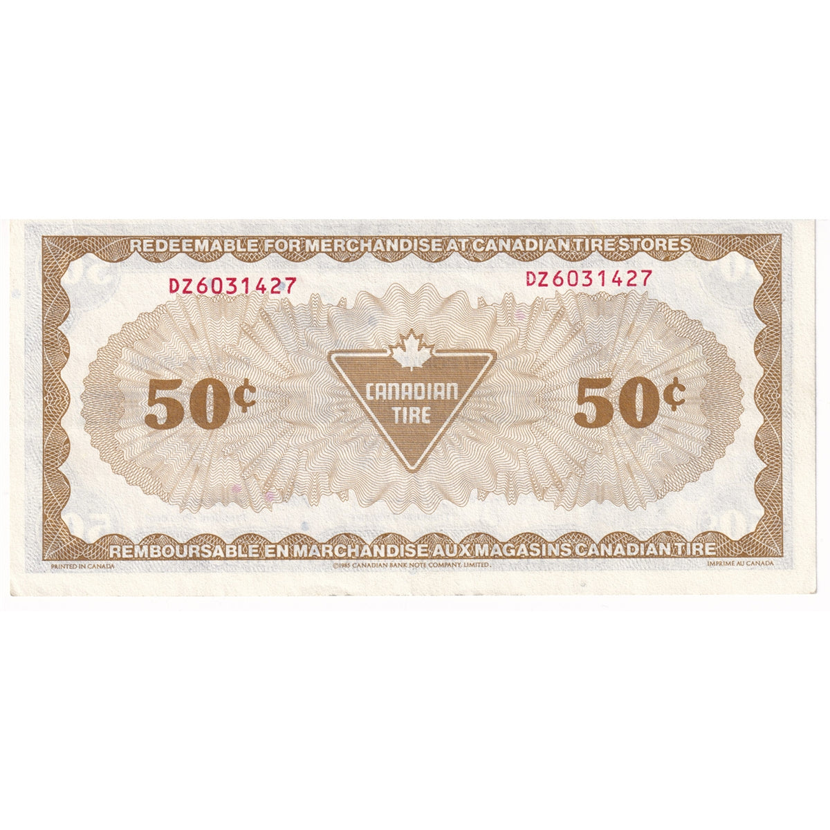 S8-E-DZ1 White C 1985 Canadian Tire Coupon 50 Cents AU-UNC