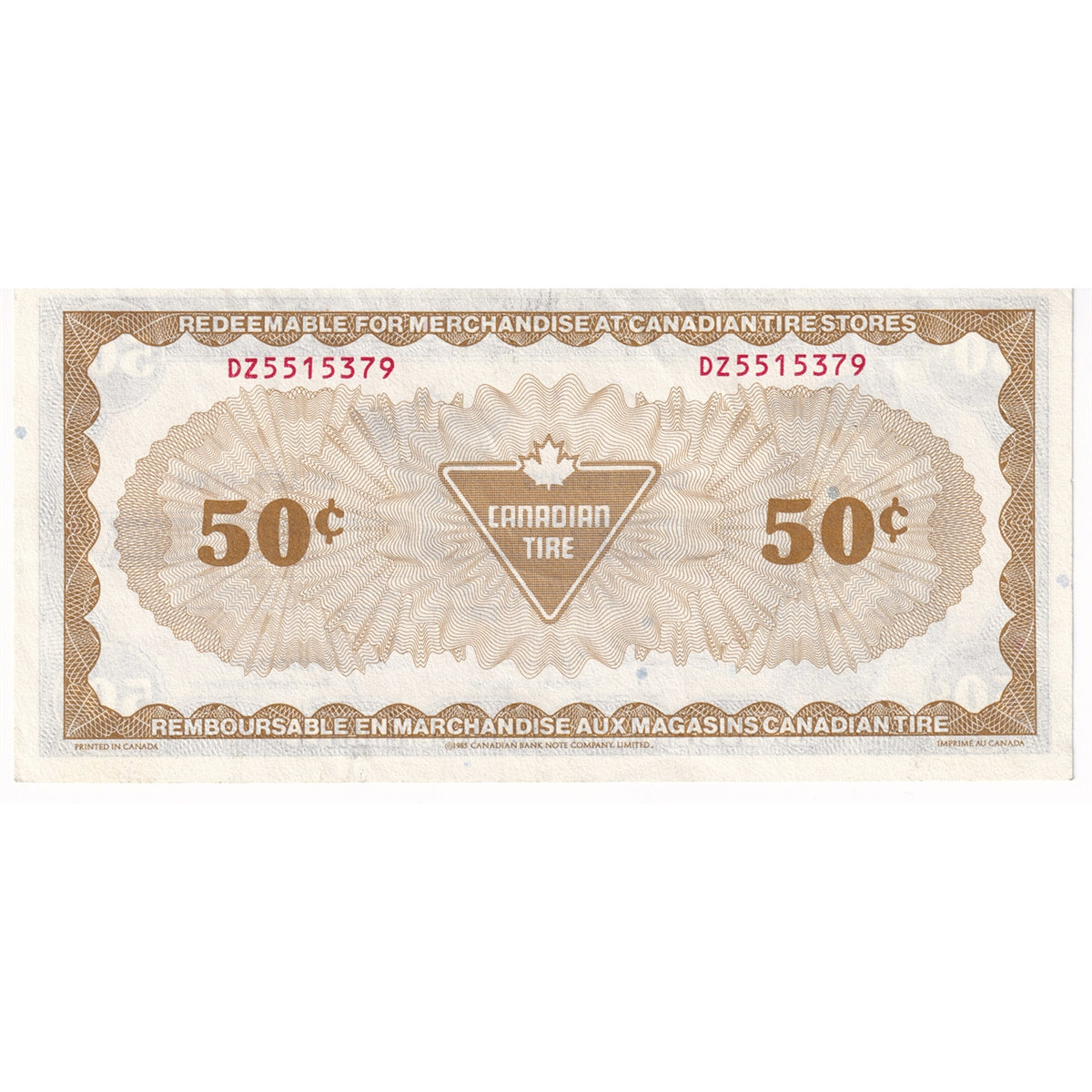 S8-E-DZ1 White C 1985 Canadian Tire Coupon 50 Cents Almost Uncirculated