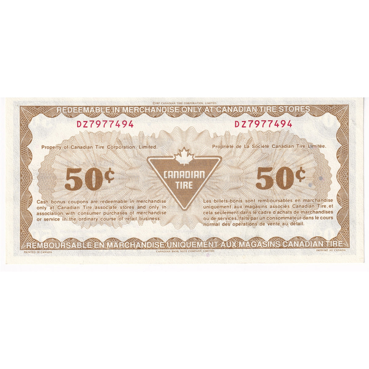 S9-E-DZ1 1987 Canadian Tire Coupon 50 Cents Uncirculated