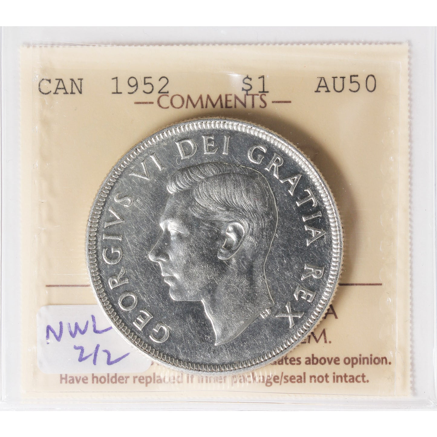 1952 NWL, 2/2 Canada Dollar ICCS Certified AU50