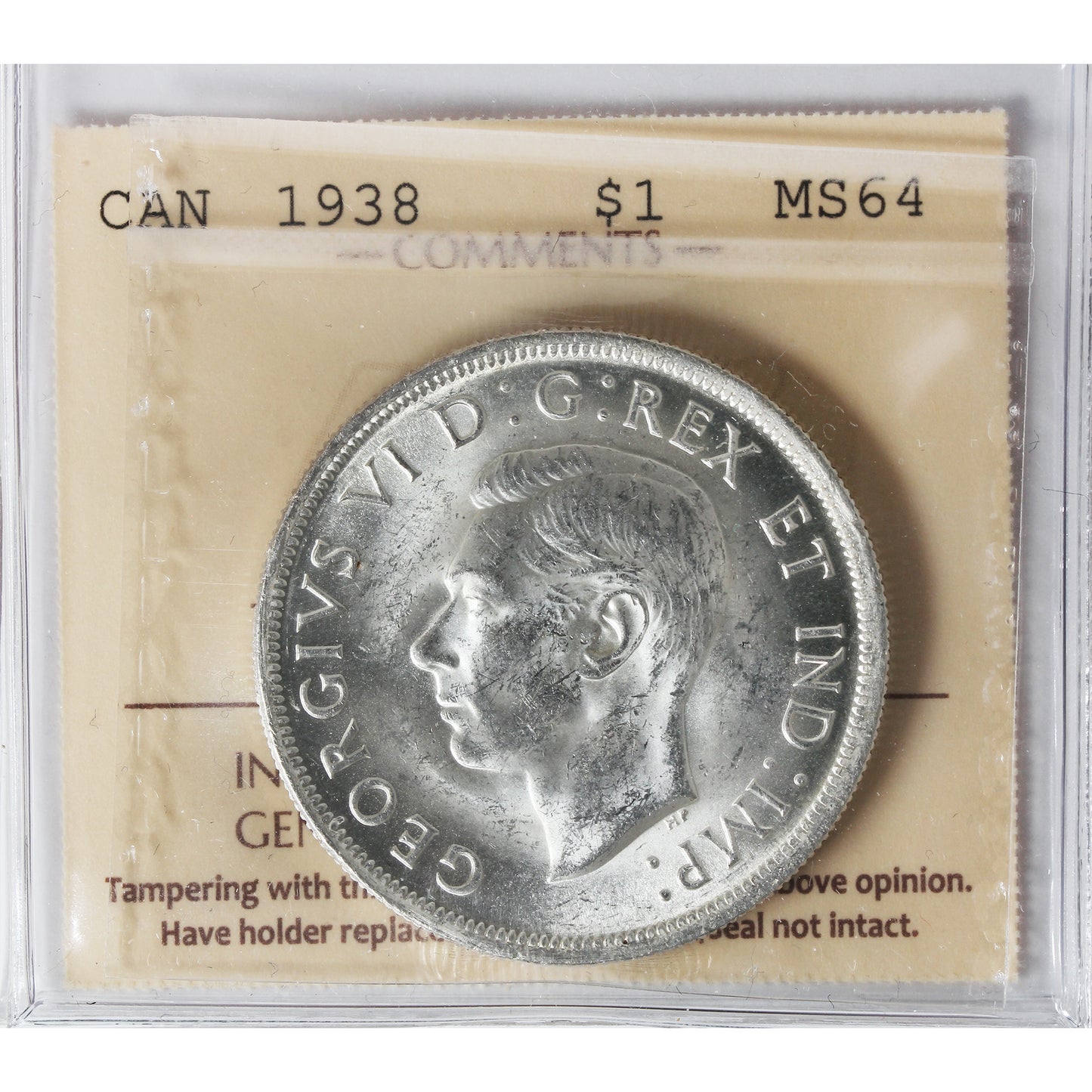 1938 Canada Dollar ICCS Certified MS64 (XHI 026)