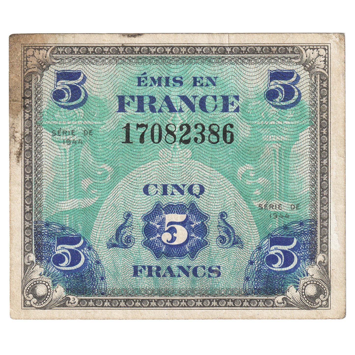 France 1944 5 Francs Note, Pick #155a, EF (Stain)