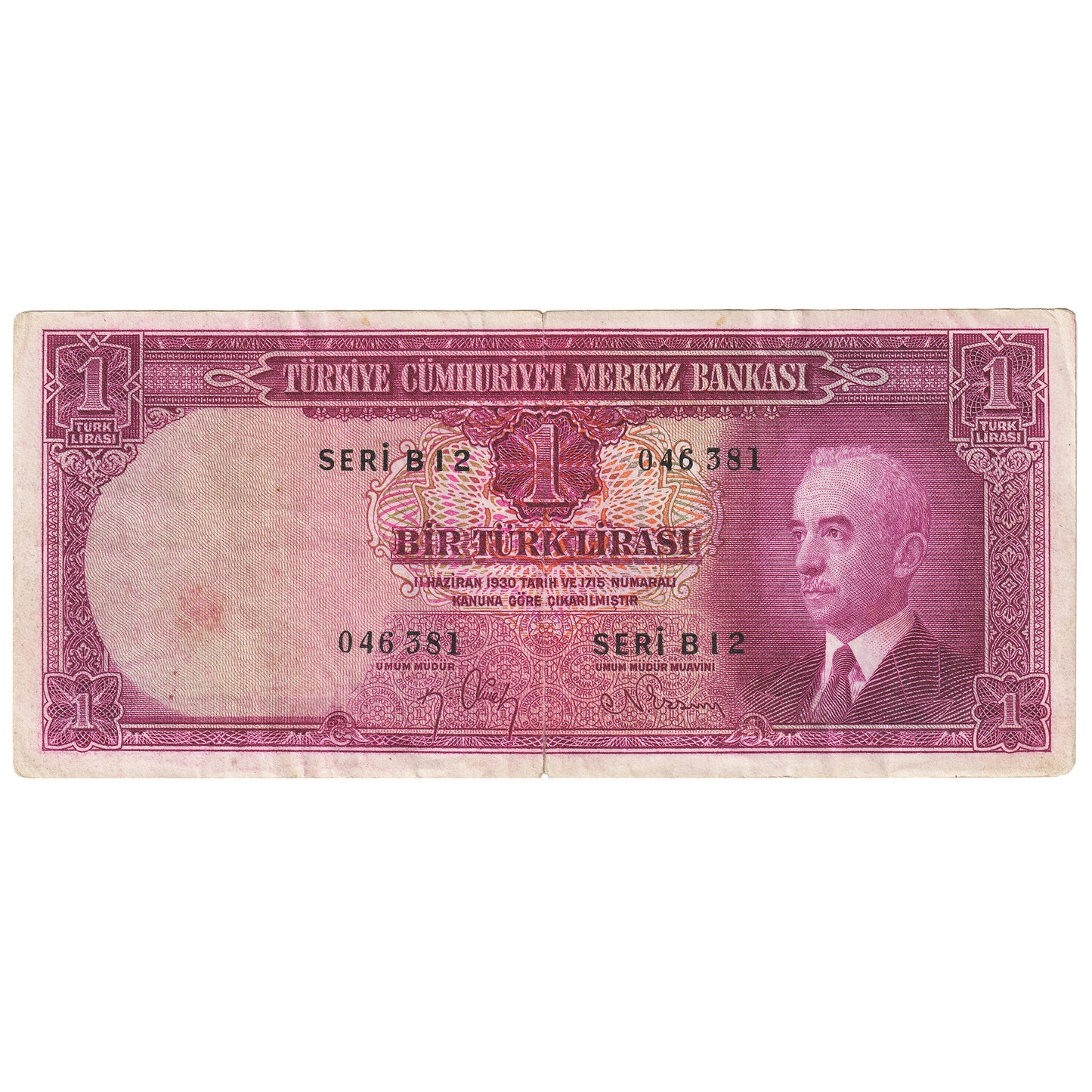 Turkey 1930 1 Lira Note, Pick #135, VF (Major Tear)