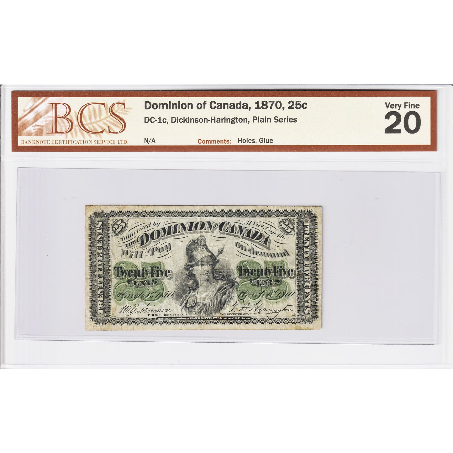 DC-1c 1870 Dominion 25-cent Shinplaster Plain, BCS Cert VF20 (Issues)