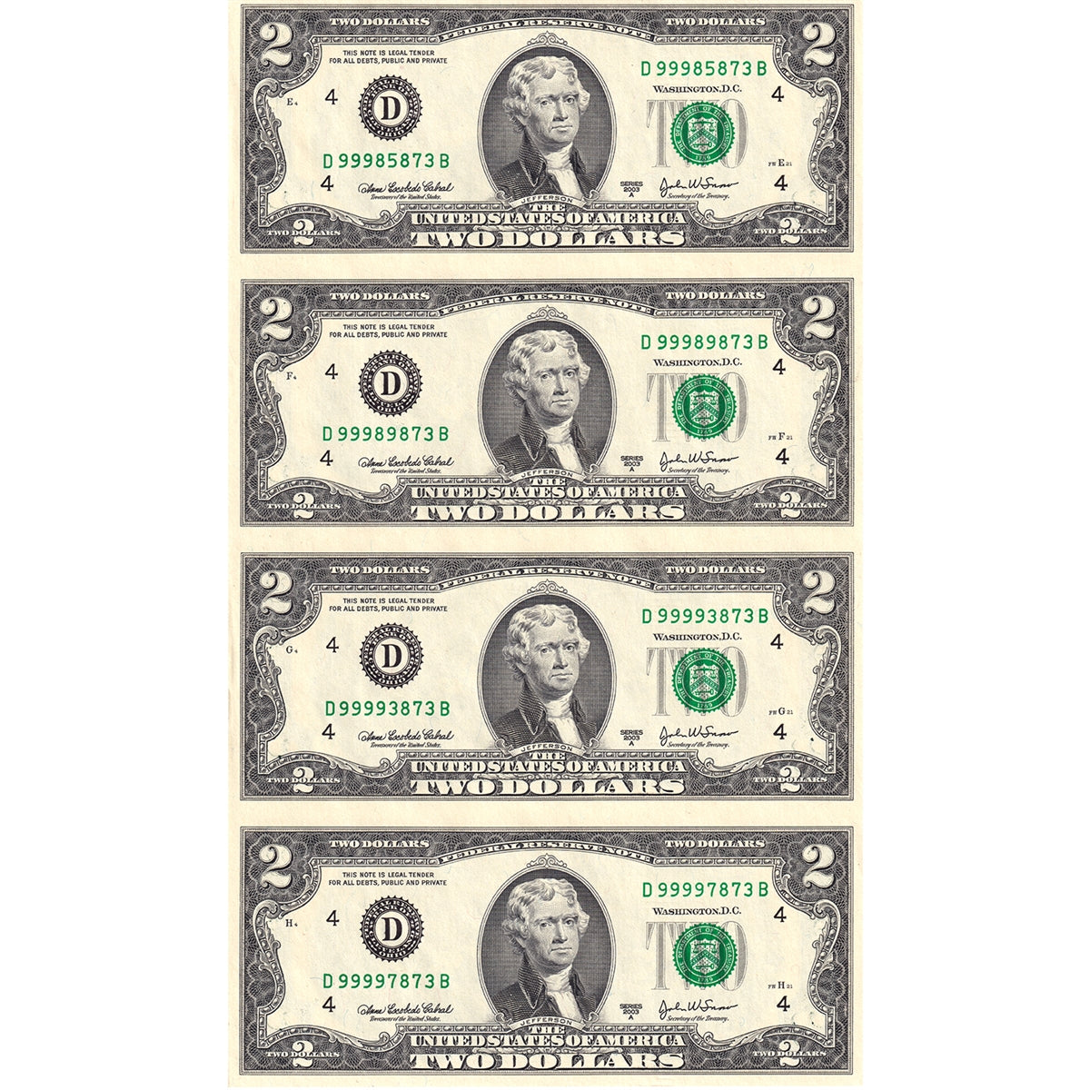 Set of 4x Uncut 2003A USA $2 Notes, Cabral-Snow, in Folder