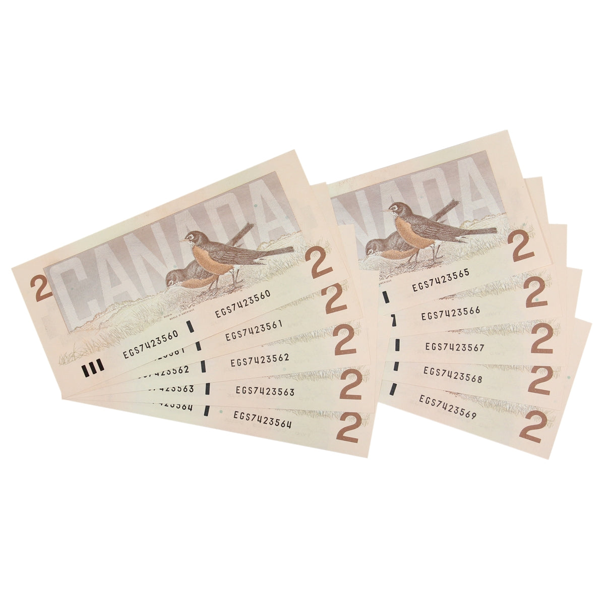 Lot of 10x Sequential 1986 Canada $2 Notes, Bonin-Thiessen, 10Pcs