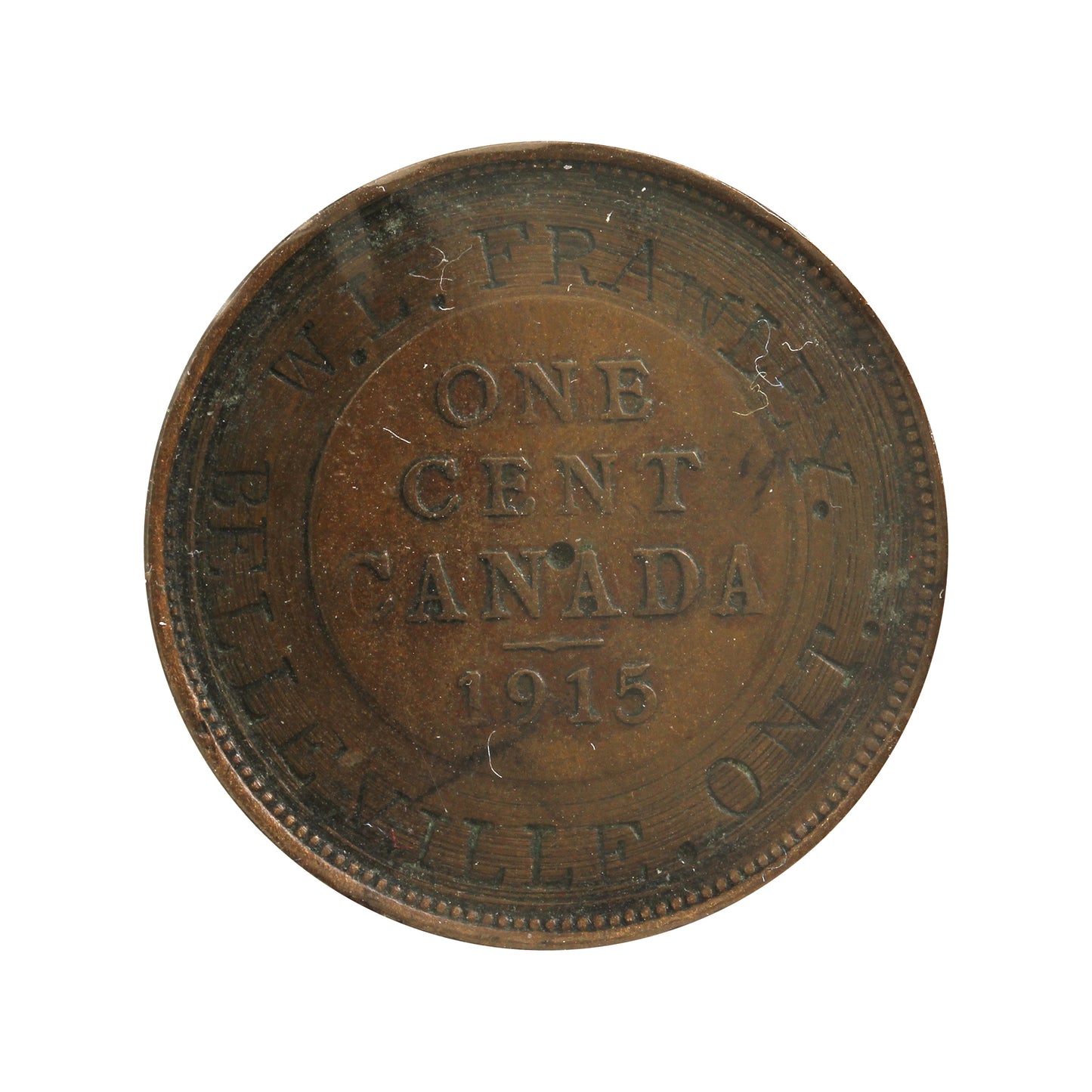 1915 WL Frawley, Bellville ONT. Counterstamp Canada 1-cent