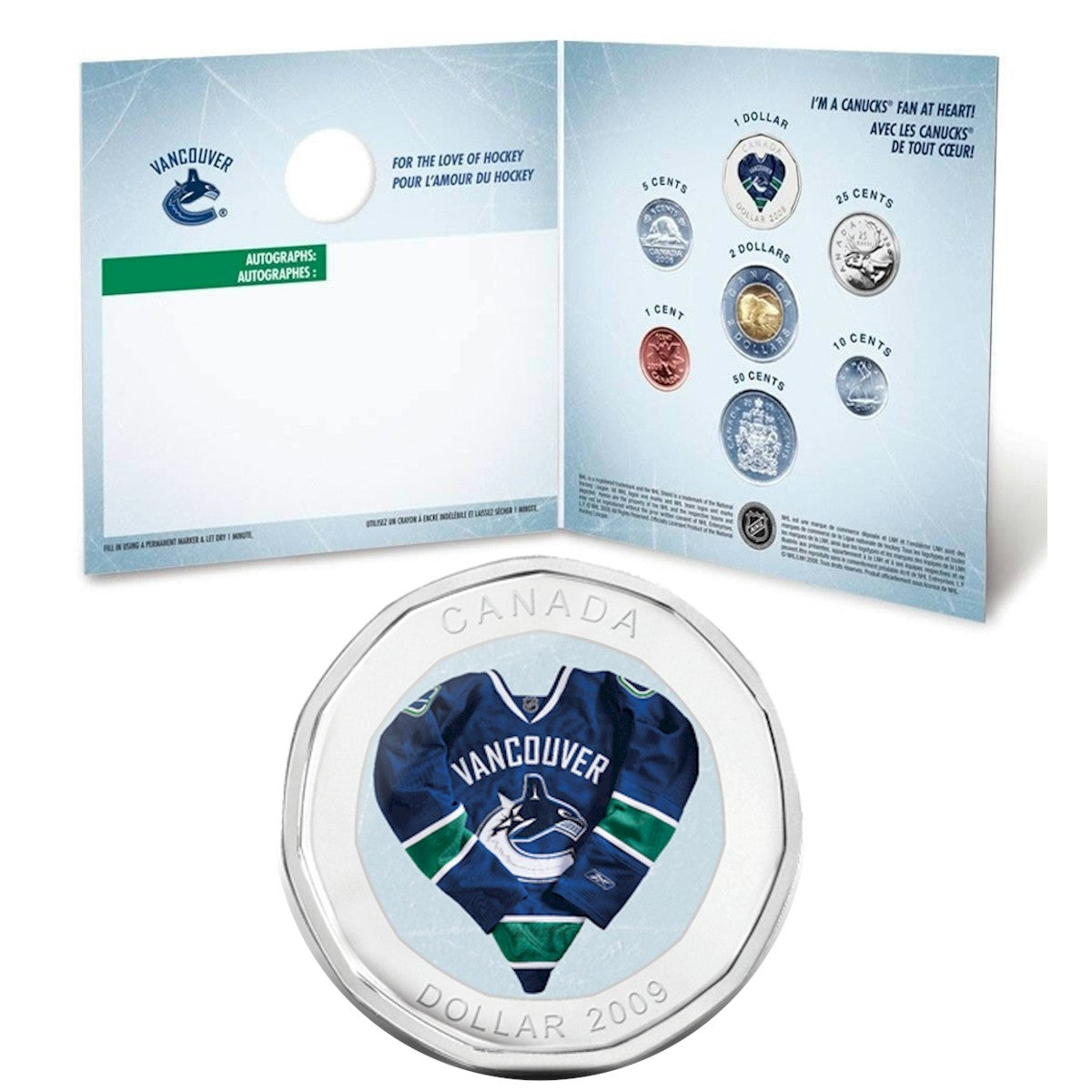 2009 Vancouver Canucks NHL Coin Set with $1 coloured jersey.