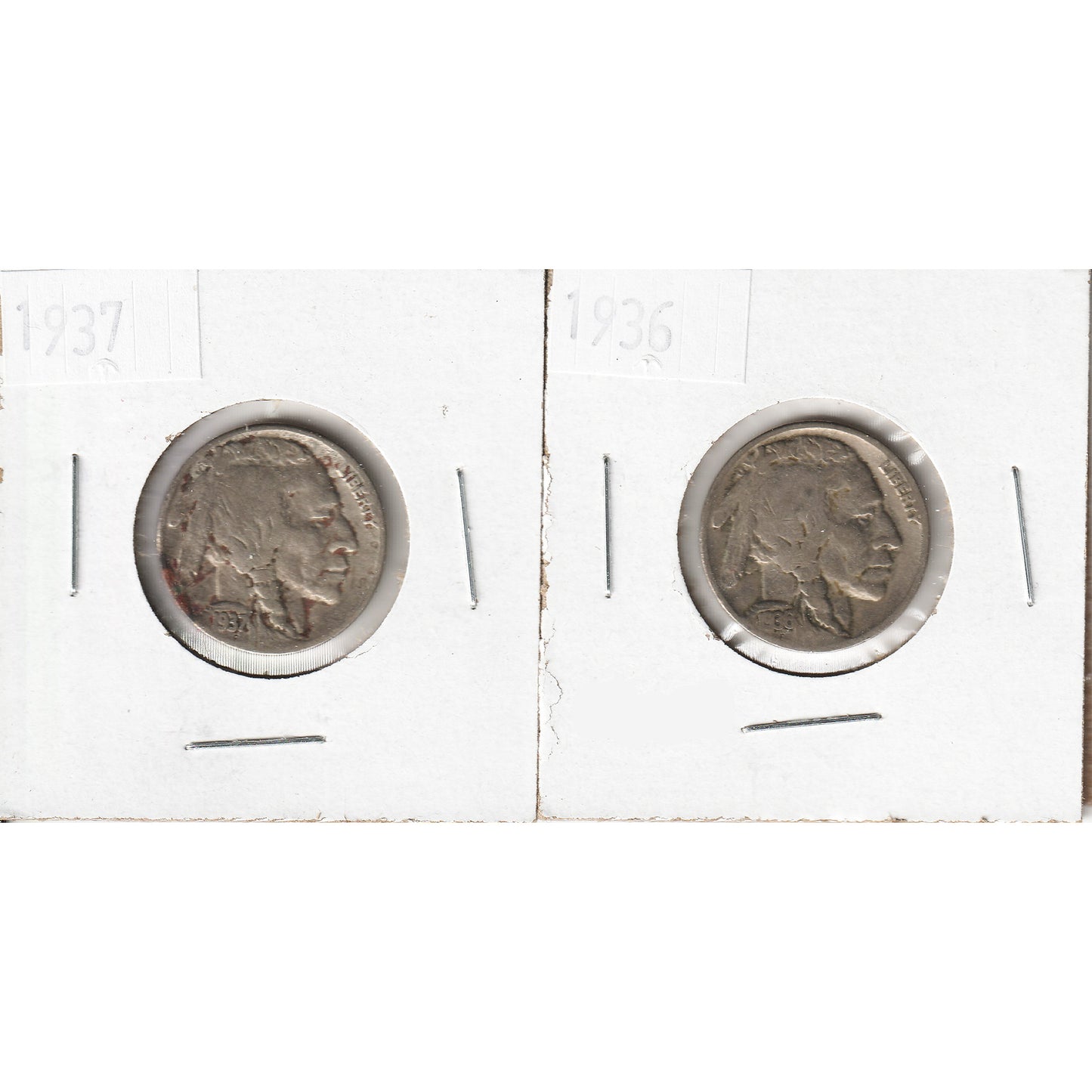 Pair of 1936 & 1937 USA Nickels (Indian Head/Buffalo Design), 2Pcs
