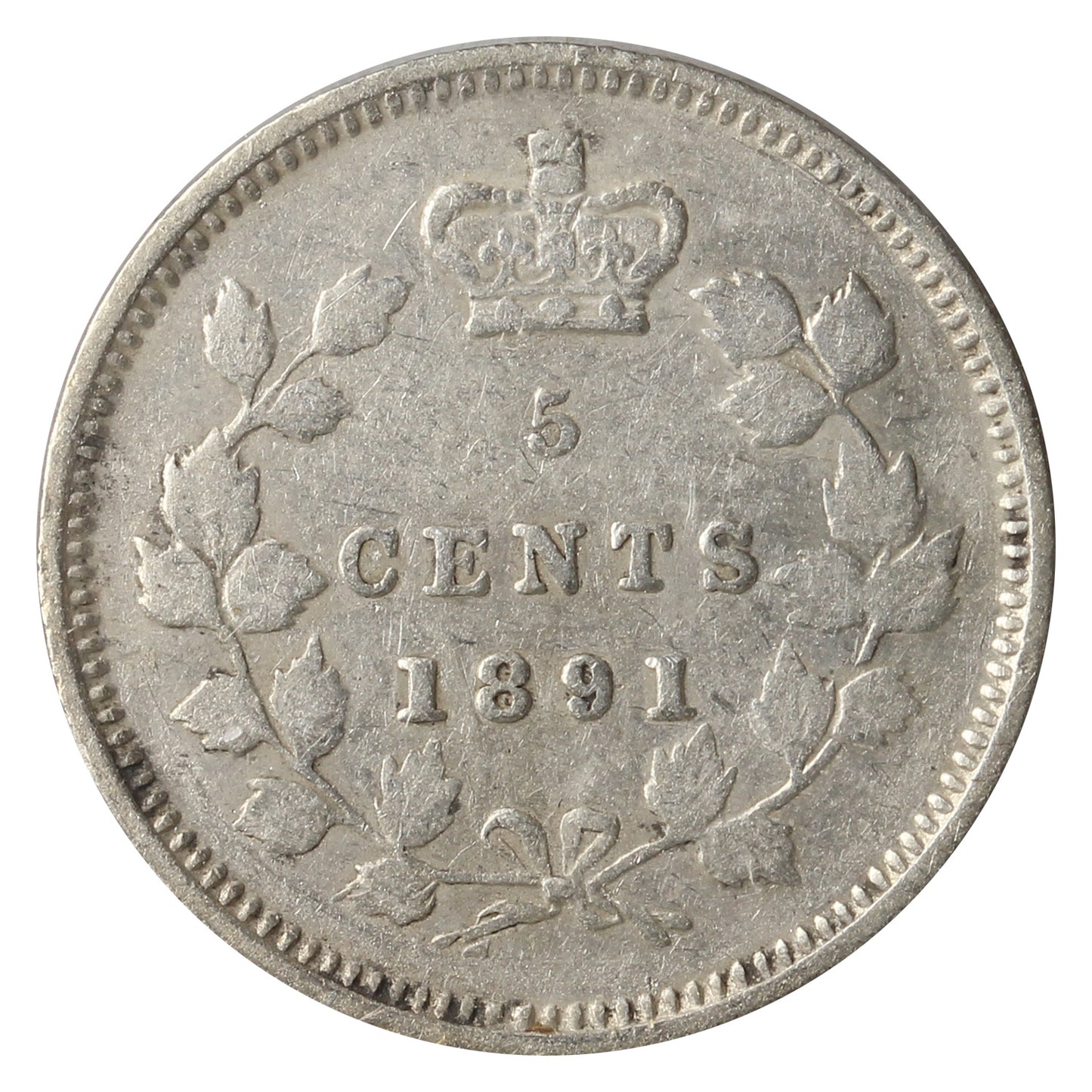 1891 Obv. 5 Canada 5-Cents Very Fine (VF20) Scratched, Cleaned, or Impaired