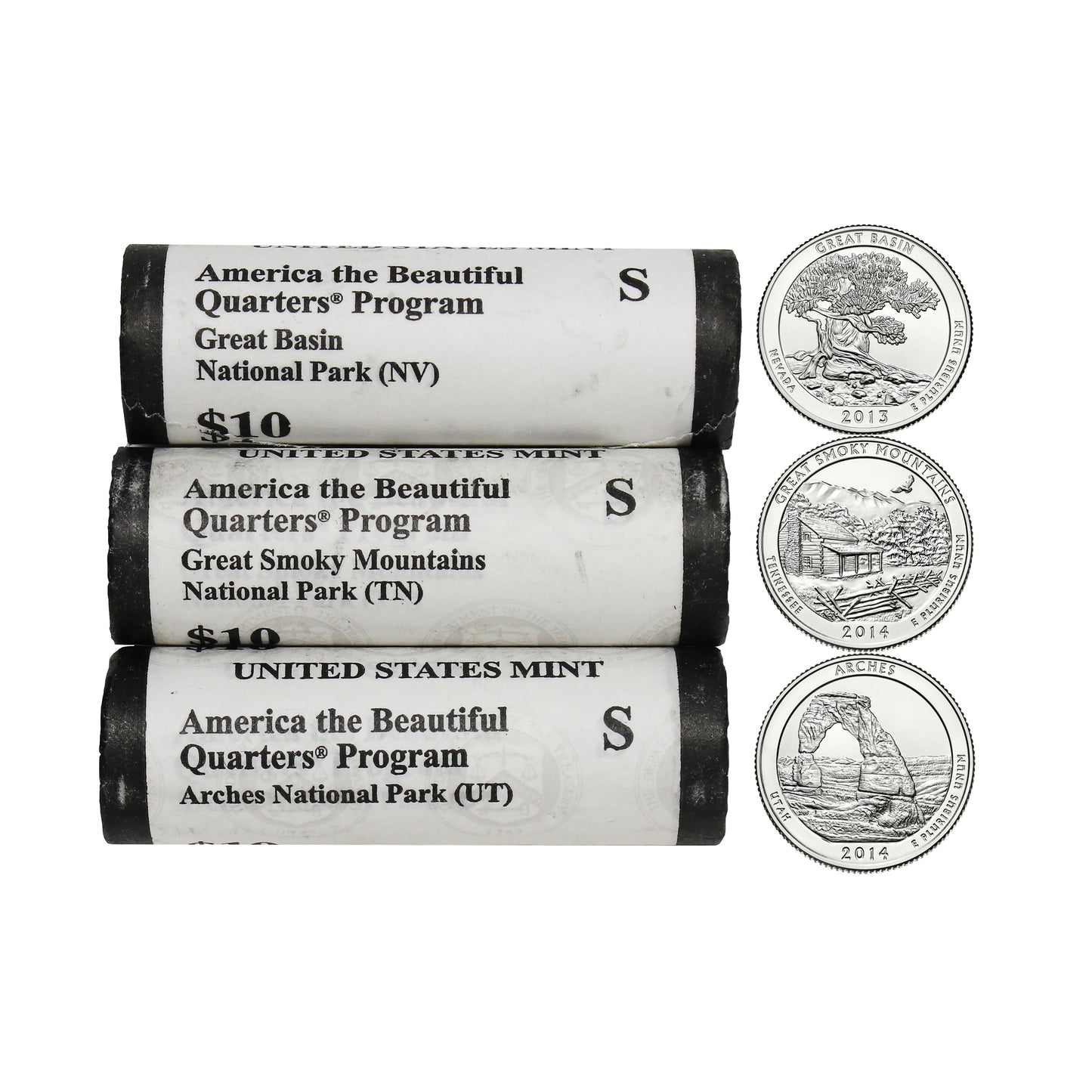Lot of 3x 2013-2014 S USA America the Beautiful Quarter Rolls, 3Pcs