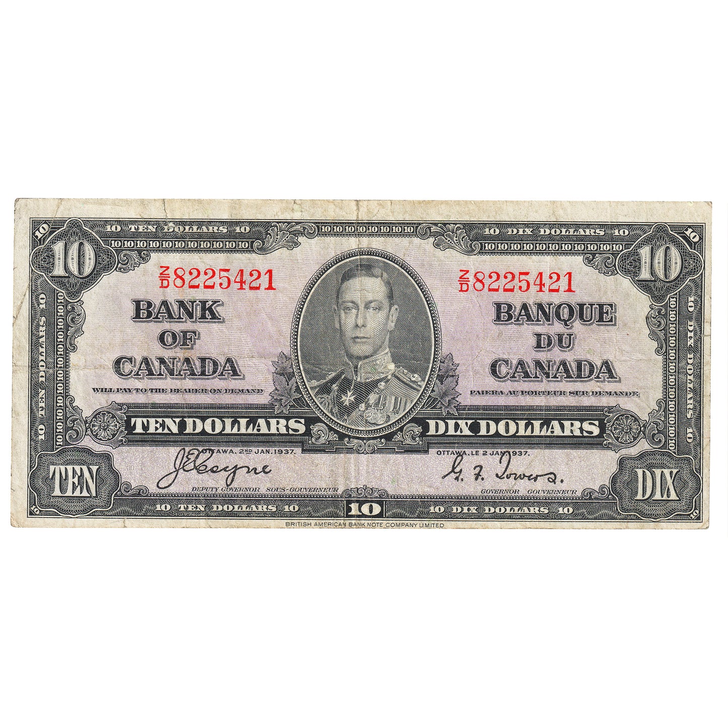 BC-24c 1937 Canada $10 Coyne-Towers, Z/D, F (Dam'g)