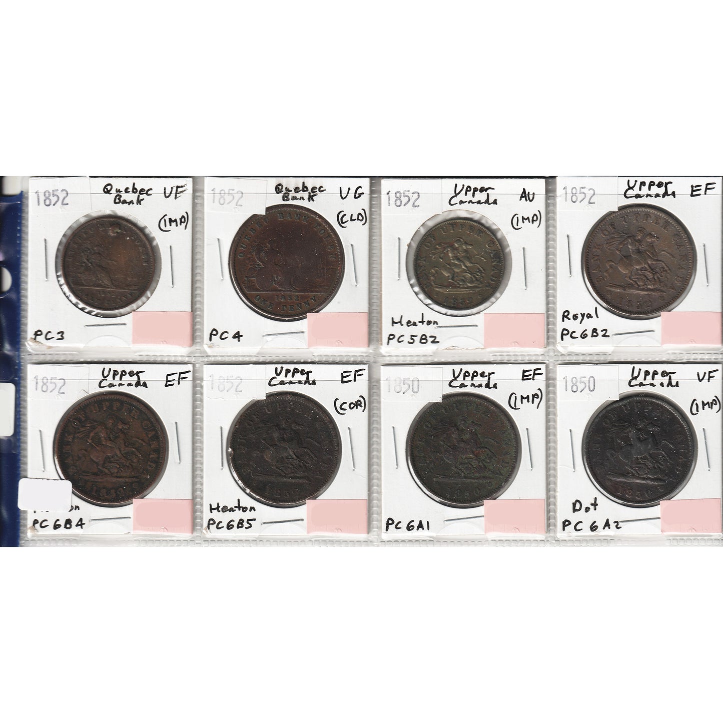 Lot of 8x 1850-1852 Upper Canada & Quebec Bank Tokens VG to AU, 8Pcs (Impaired)