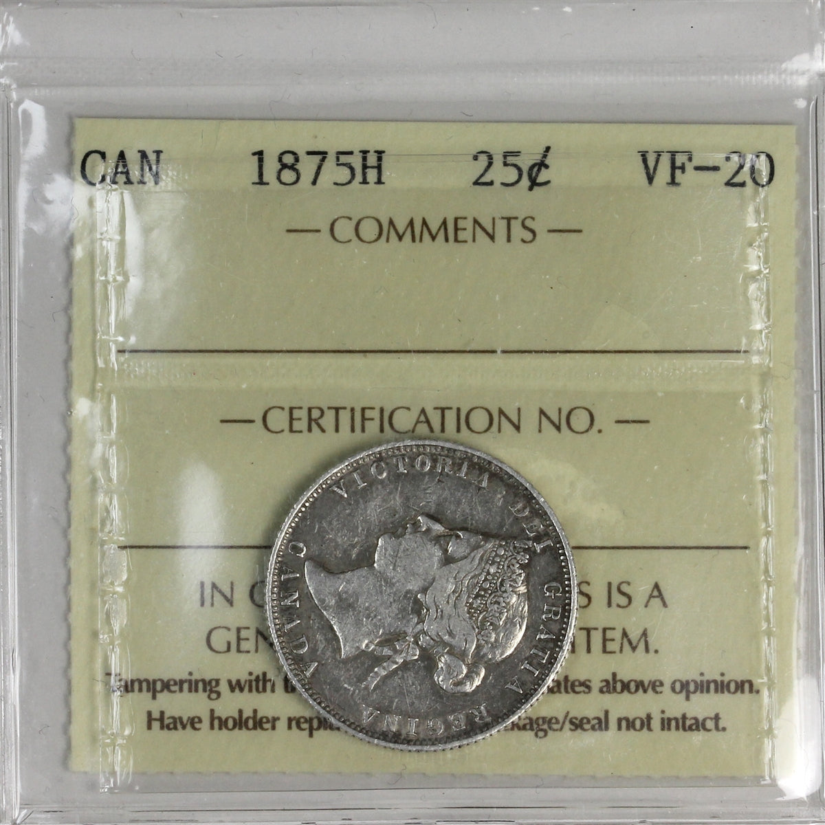 1875H Canada 25-cents ICCS Certified VF20