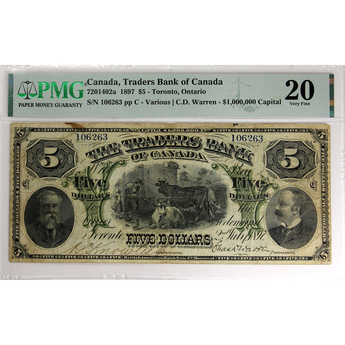 720-14-02a 1897 Traders Bank of Canada $5 Various-Warren, PMG Certified VF-20 (Stain)