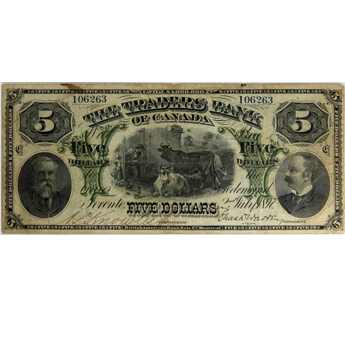 720-14-02a 1897 Traders Bank of Canada $5 Various-Warren, PMG Certified VF-20 (Stain)