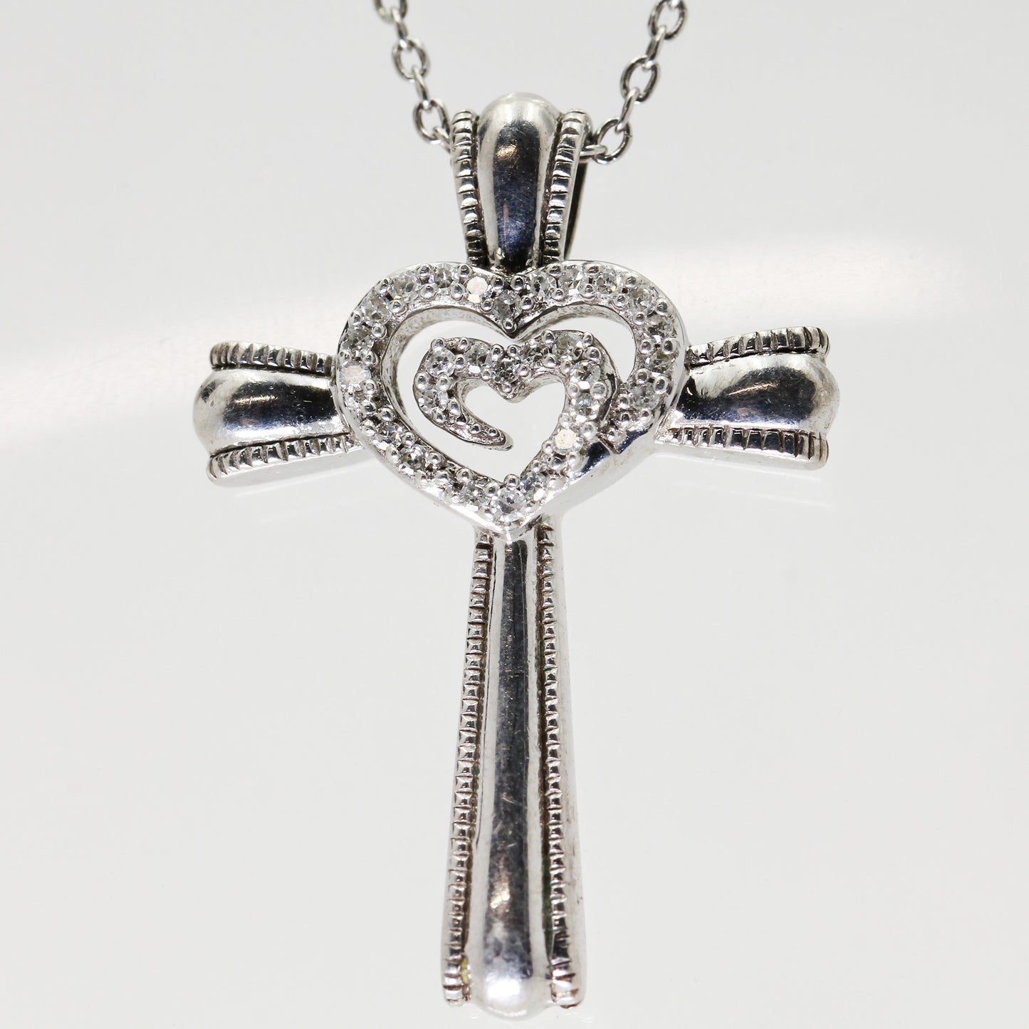 Lady's Sterling Silver Heart & Cross Necklace - 17"