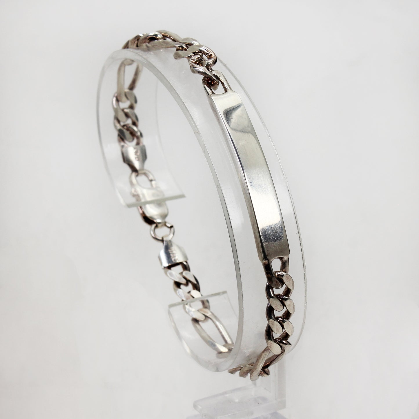 Sterling Silver Figaro Link Bracelet with Engravable Plate - 8 1/2"