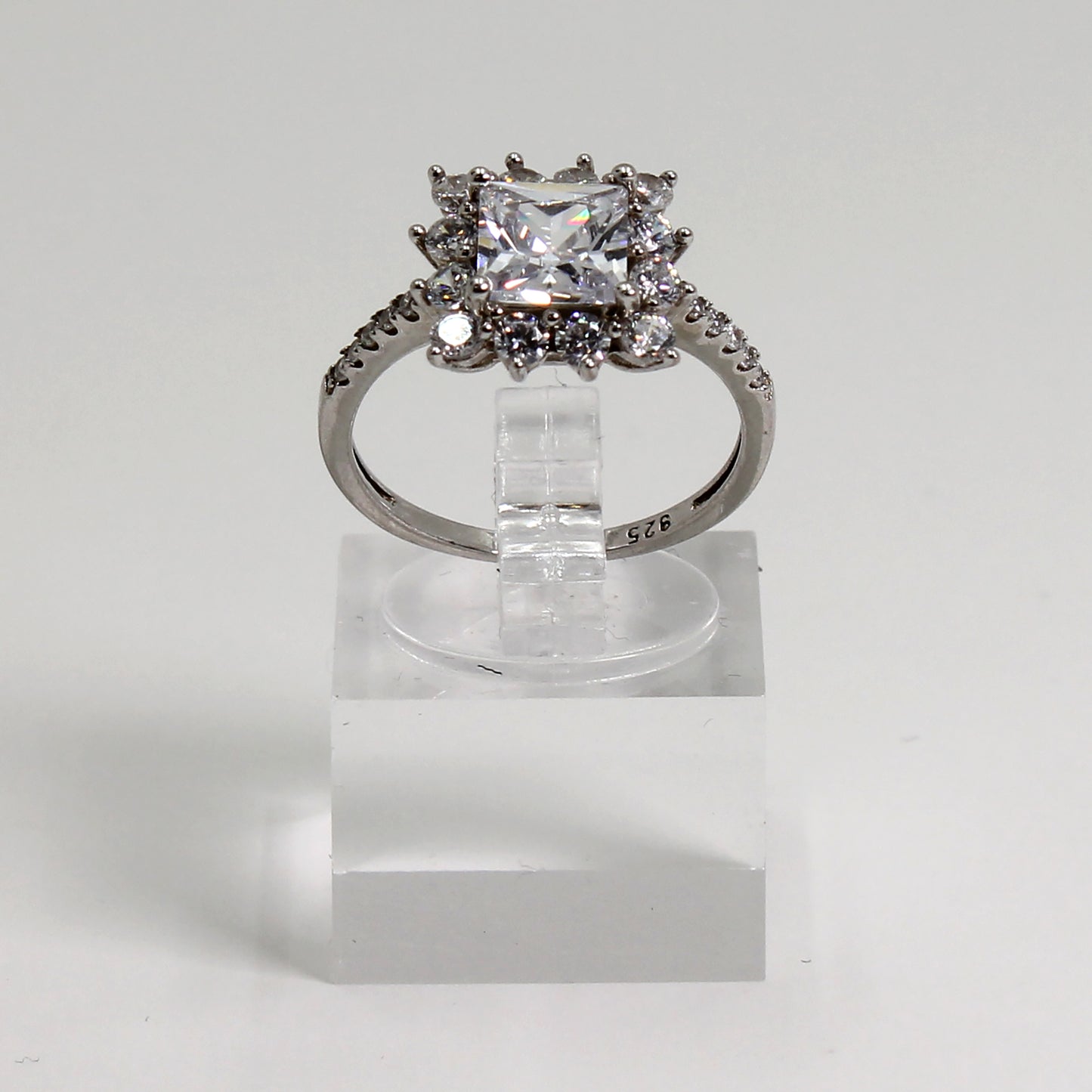 Sterling Silver Clear Stone Princess-Cut Style Statement Ring - Size 7 1/2