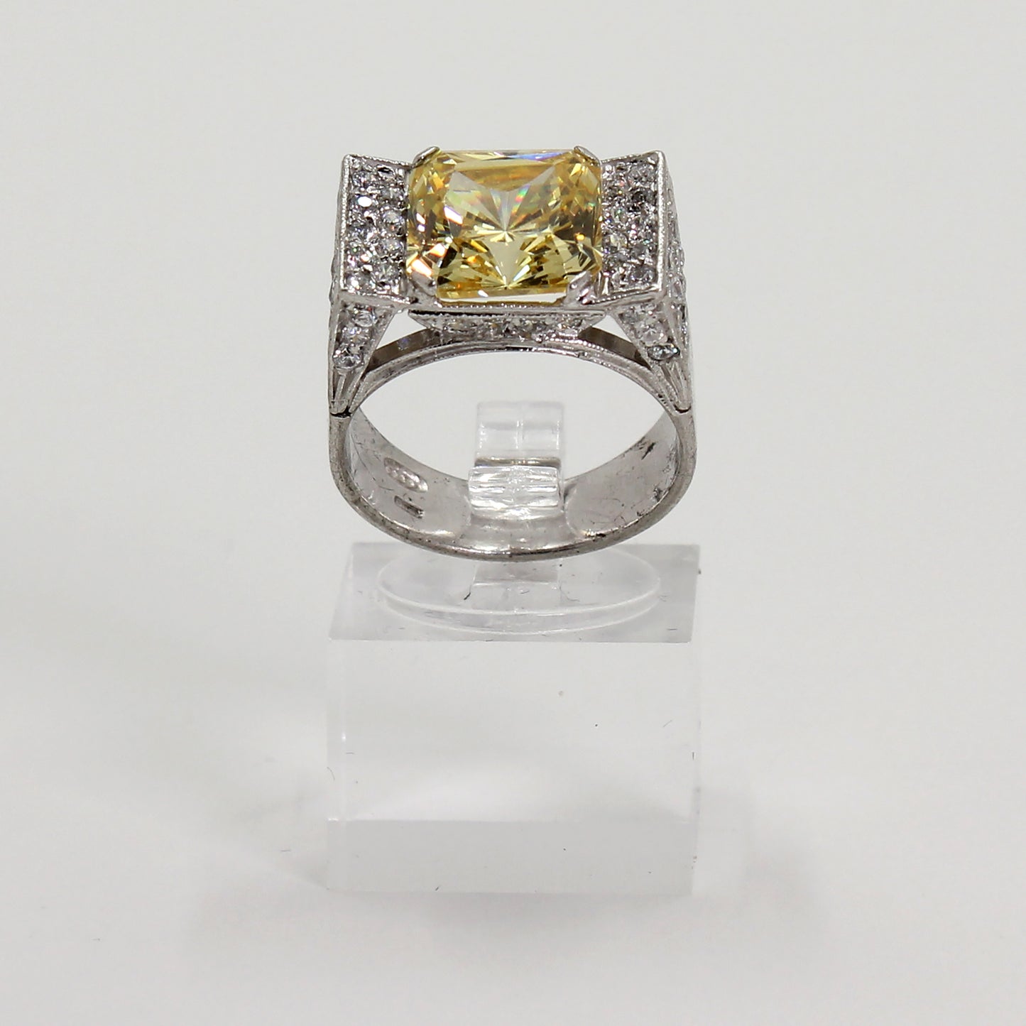 Sterling Silver Yellow & Clear Stone Art Deco Inspired Statement Ring - Size 8