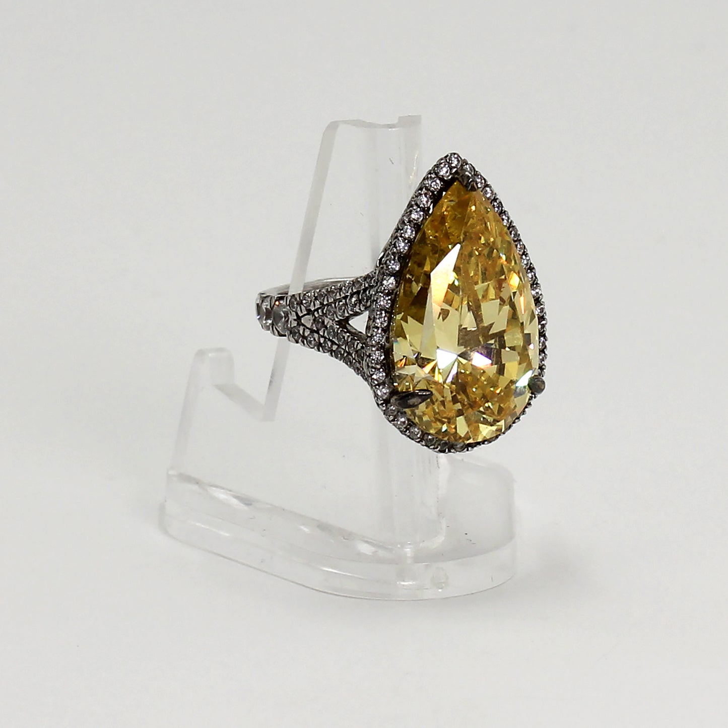 Sterling Silver Pear-Cut Yellow & Clear Stone Halo Ring - Size 6