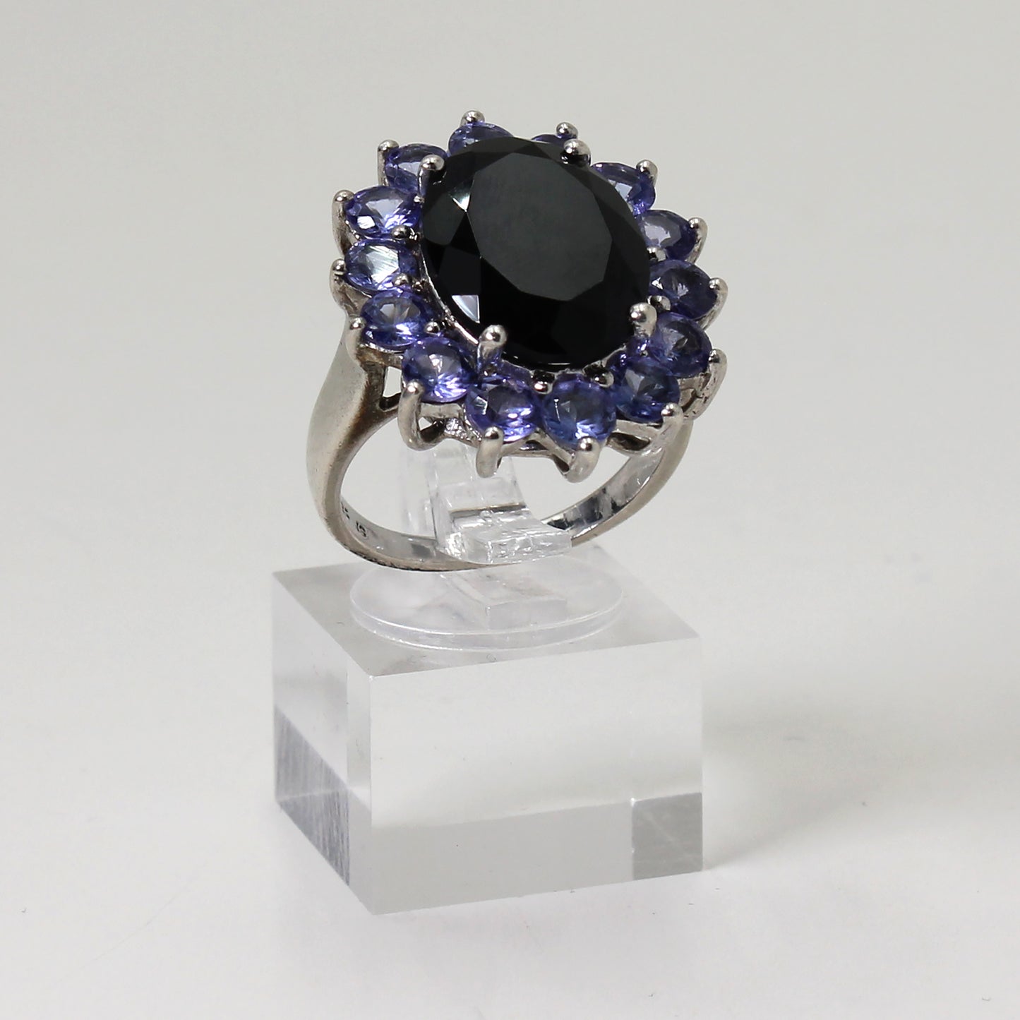 Sterling Silver Black & Purple Gemstone Flower-Design Ring - Size 8