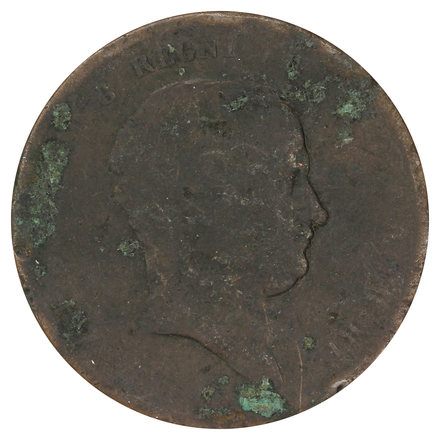 Italian States 1825 Naples 10 Tornesi G-VG (G6) (Corroded)
